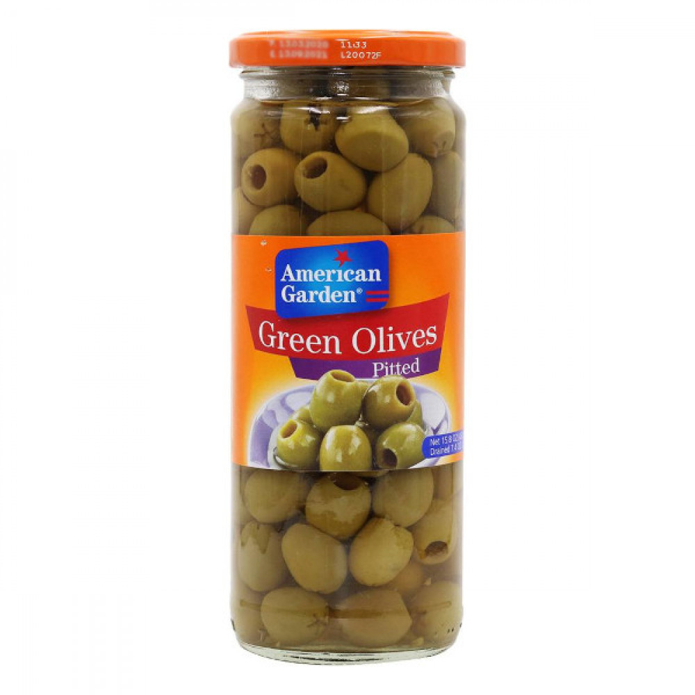 American Garden Green Olives Pitted 450gm  American Garden Green Olives Pitted 450gm